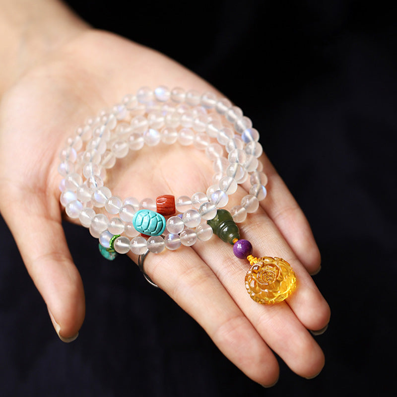 Buddha Stones 108 cuentas Mala piedra lunar ámbar loto turquesa pulsera curativa de cristal