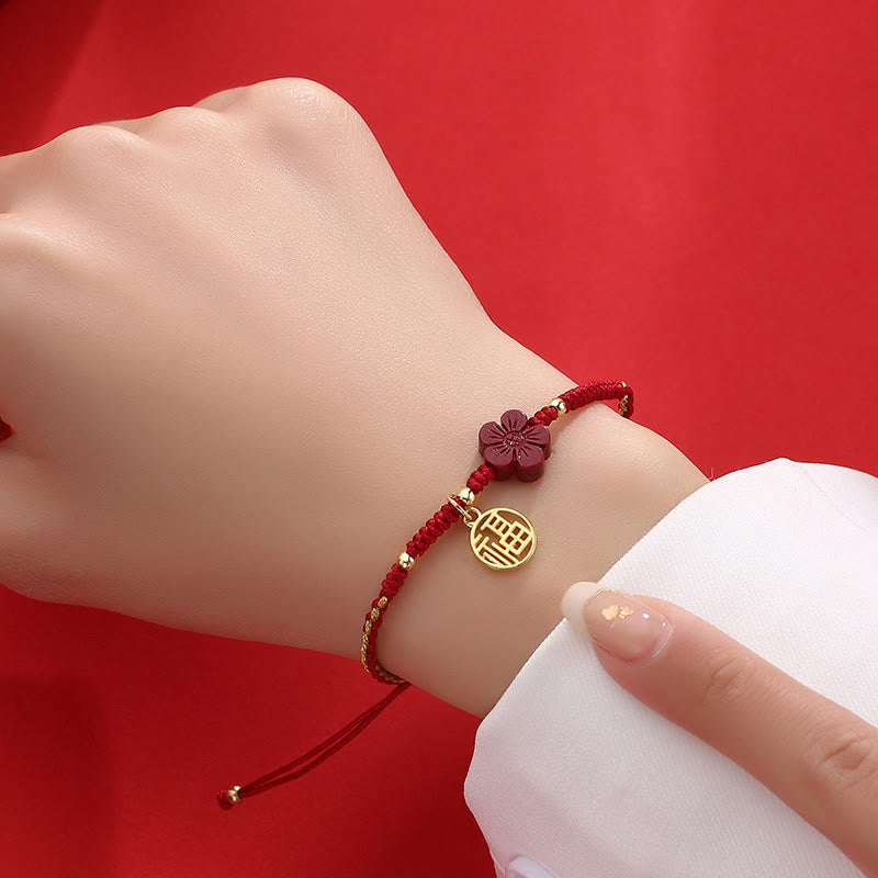 Pulsera de hilo trenzado con Buddha Stones, flor de cinabrio, carácter Fu, bendición