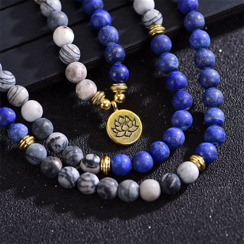 Pulsera de cuentas de oración con Buddha Stones , lazurita, lapislázuli, jaspe Picasso, amazonita, rodonita, apatita y loto positivo. - image 3
