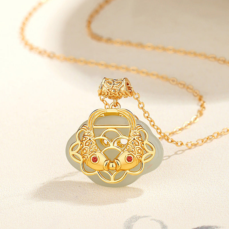 Collar con colgante de plata de ley 925 con Buddha Stones , jade hetiano natural, pez Koi