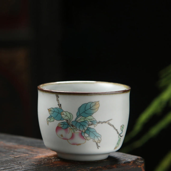 Taza de té de cerámica con Buddha Stones , níspero, lichi, paisaje nevado, uva, manzana, taza de té de Kung Fu