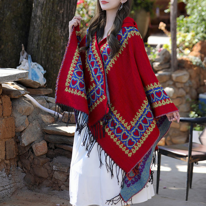 Mantón tibetano de Buddha Stones , capa con capucha y borla de corazón de amor rojo, bufanda de viaje acogedora para invierno