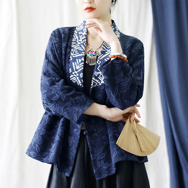 Chaqueta de manga larga con cuello en V y jacquard floral con Buddha Stones