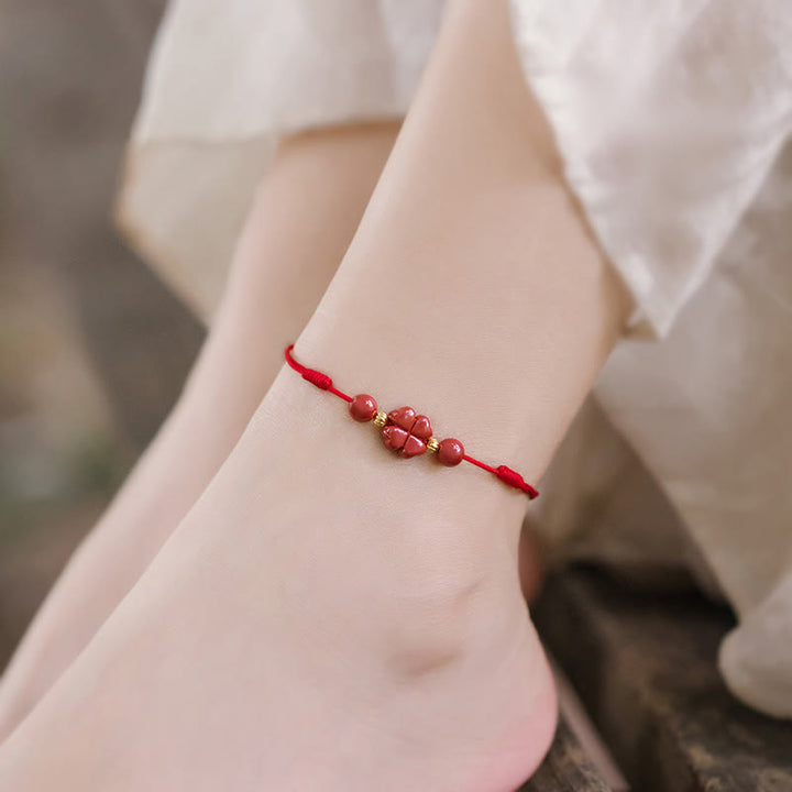 Pulsera tobillera con Buddha Stones, trébol de cuatro hojas, cinabrio, bendición, calma