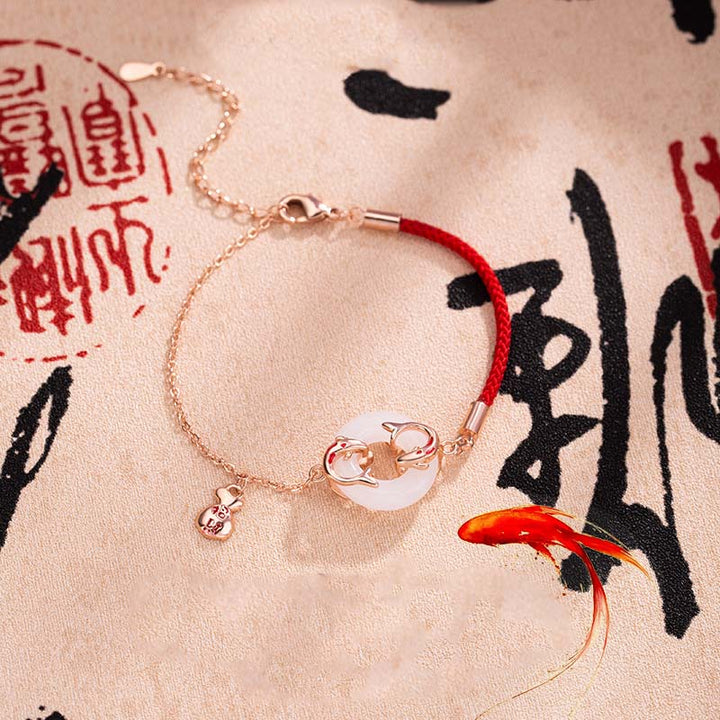 Pulsera con amuleto de la suerte , Buddha Stones, Jade blanco, doble pez Koi, hebilla de la paz, atrae la fortuna