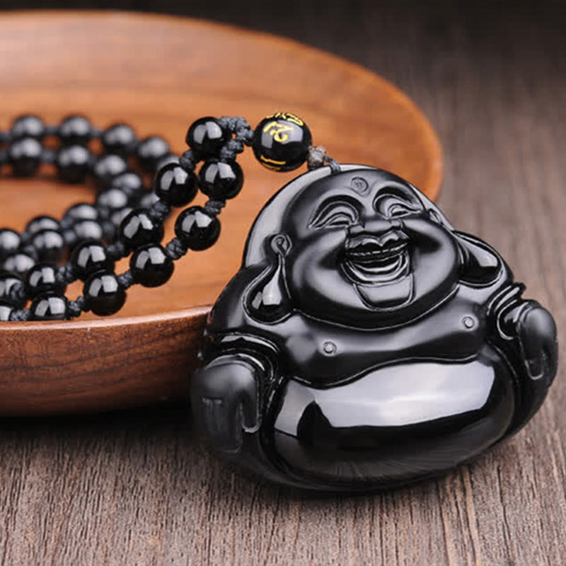 Collar con colgante de transformación de obsidiana negra de Buda sonriente con Buddha Stones - image 3