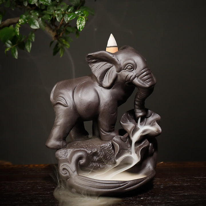 Elefante tibetano, fuente de humo de reflujo de arcilla púrpura, decoración de quemador de incienso curativo de paz