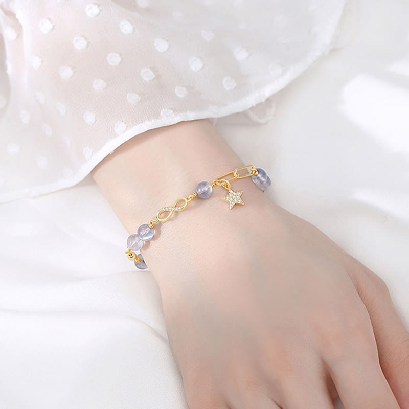 Buddha Stones chapadas en oro de 14 quilates, cuarzo fresa natural, piedra lunar, lazo de Möbius, pulsera positiva con estrella de amor eterno