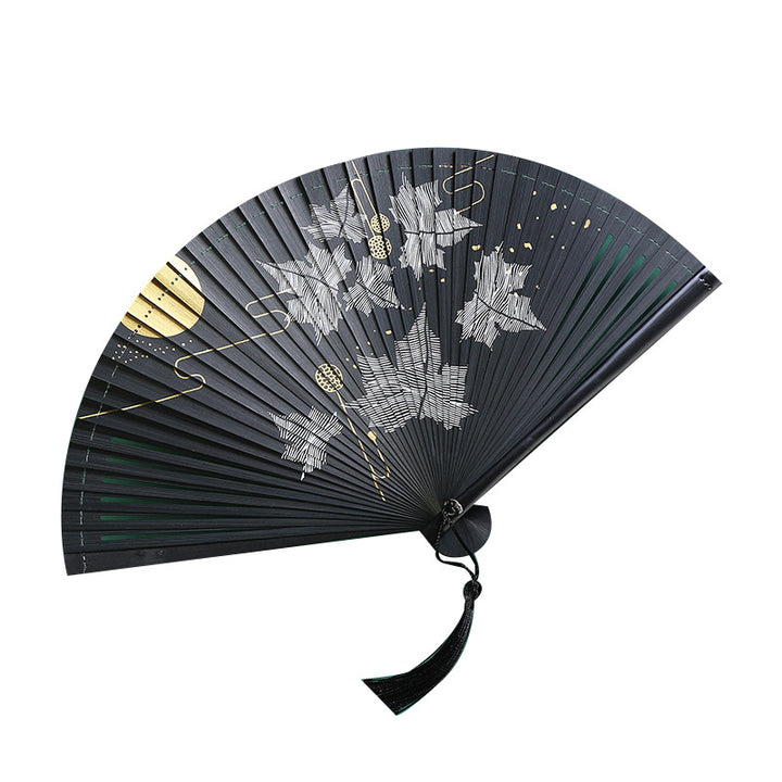 Abanico plegable de bambú de mano con diseño de hoja de arce y grúa de nube Vintage de Buddha Stones