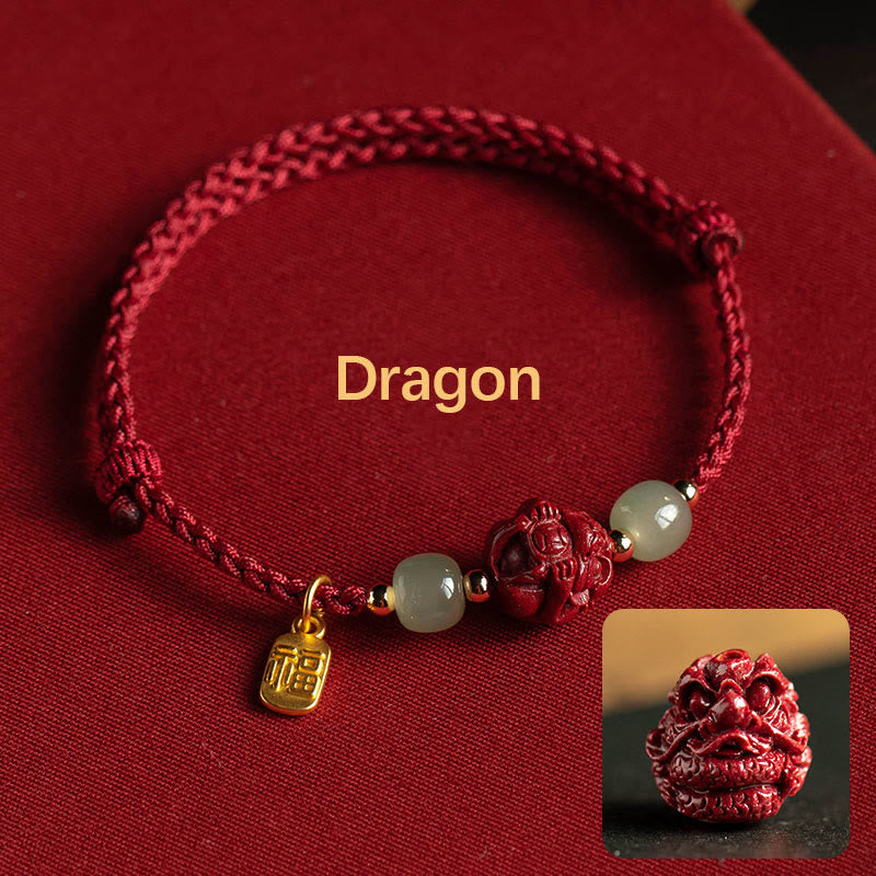 Pulsera de cuerda de la suerte con carácter de Jade Hetian del zodíaco chino cinabrio Natural de Buddha Stones