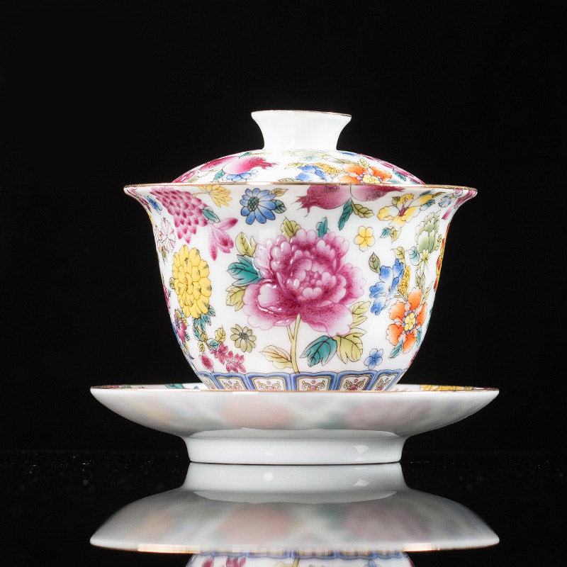 Taza de té y platillo con tapa, Gaiwan Sancai de cerámica, flores de peonía, Buddha Stones , Kung Fu