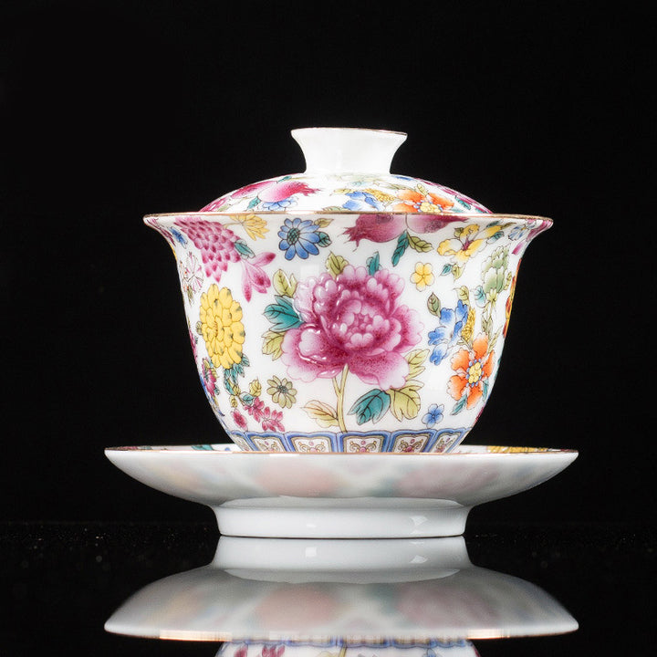 Taza de té y platillo con tapa, Gaiwan Sancai de cerámica, flores de peonía, Buddha Stones , Kung Fu