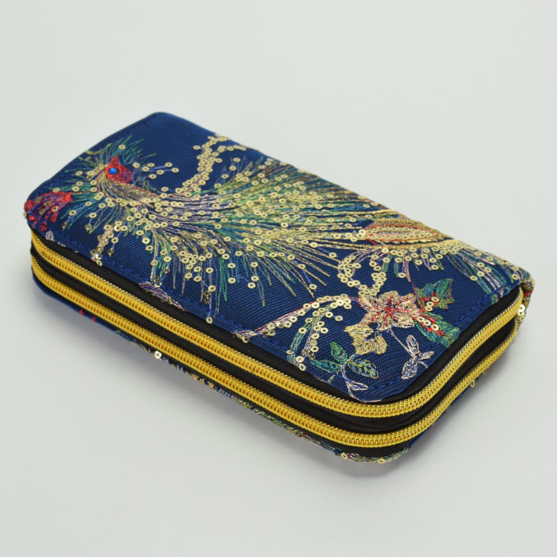 Monedero de compras con billetera con soporte para efectivo y bordado de doble cara de pavo real - Pavo real azul oscuro - image 6