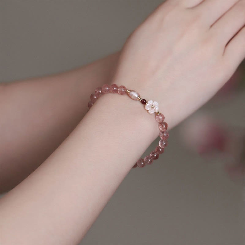 Pulsera de amor con Buddha Stones, cuarzo fresa, flor de melocotón