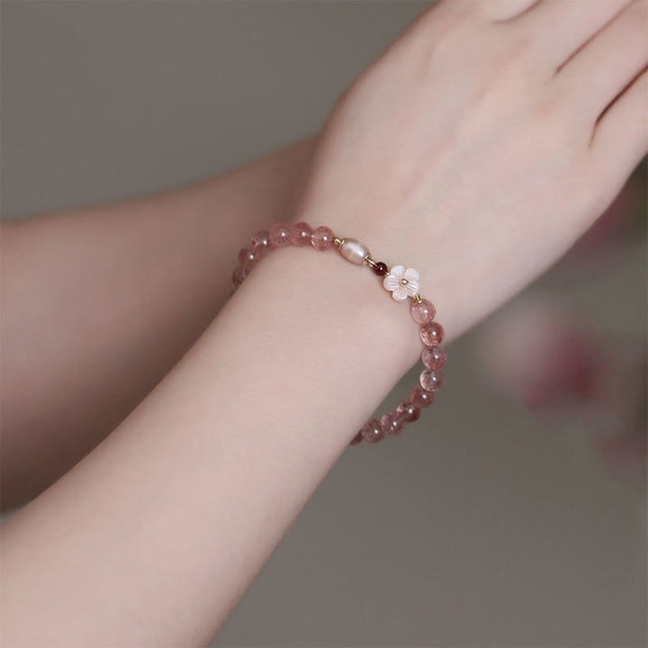 Pulsera de amor con Buddha Stones, cuarzo fresa, flor de melocotón