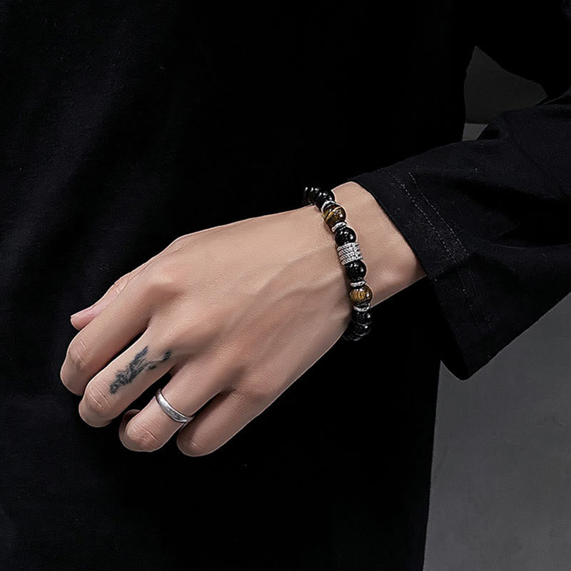 Pulsera de cumplimiento de fuerza de ojo de tigre de obsidiana negra natural con Buddha Stones