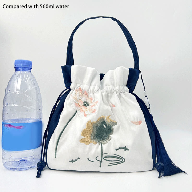 Buddha Stones Bordadas Loto Koi Pez Grulla Camelia Algodón Lino Tote Bandolera Bolso Bandolera Bolso