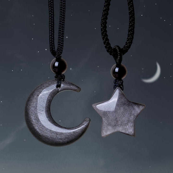 Colgante de collar de protección de luna creciente con estrella de obsidiana brillante de plata natural con Buddha Stones