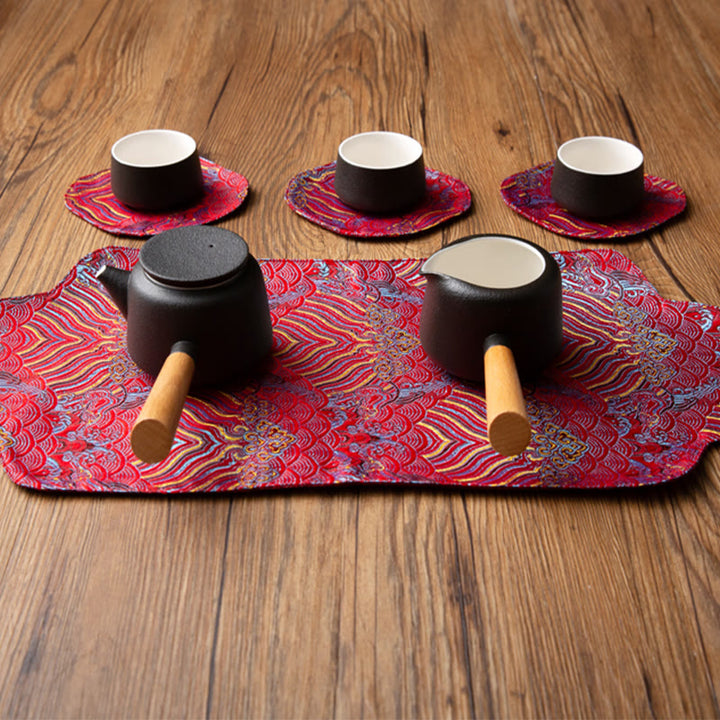 Tapete para taza con bordado de brocado de flor de ciruelo de bambú, posavasos para taza de té, Buddha Stones, ola de mar, tapete para té Kung Fu