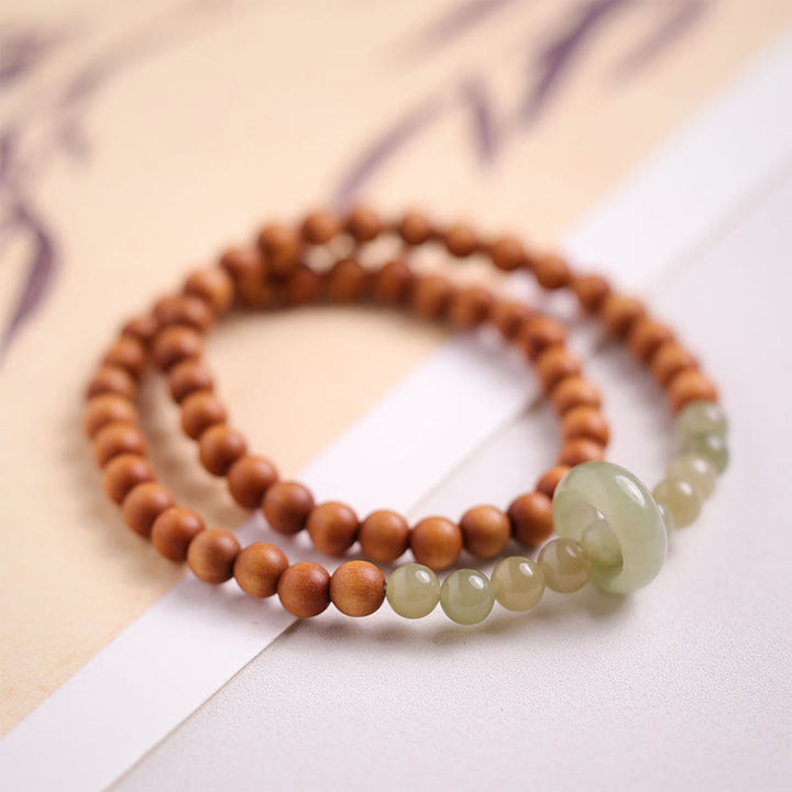 Pulsera de doble vuelta con protección de jade hetiano de sándalo y Buddha Stones