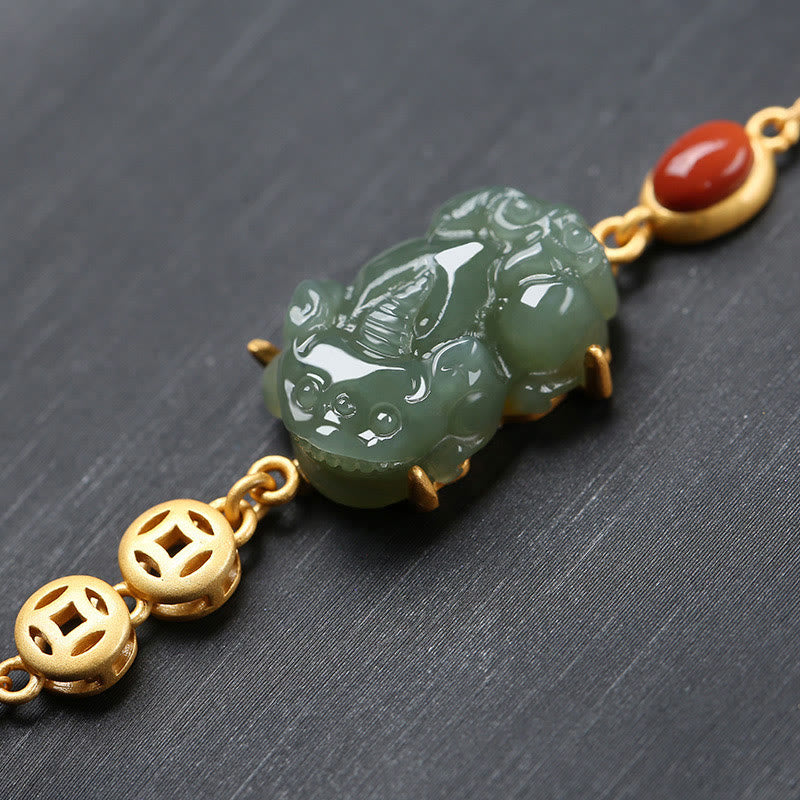 Pulsera de cadena de éxito de ágata roja con moneda de cobre PiXiu de jade cian
