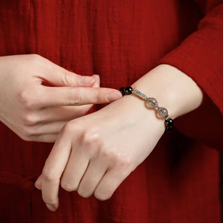 Pulsera de pareja de fuerza de piedra lunar de obsidiana de plata de ley 925