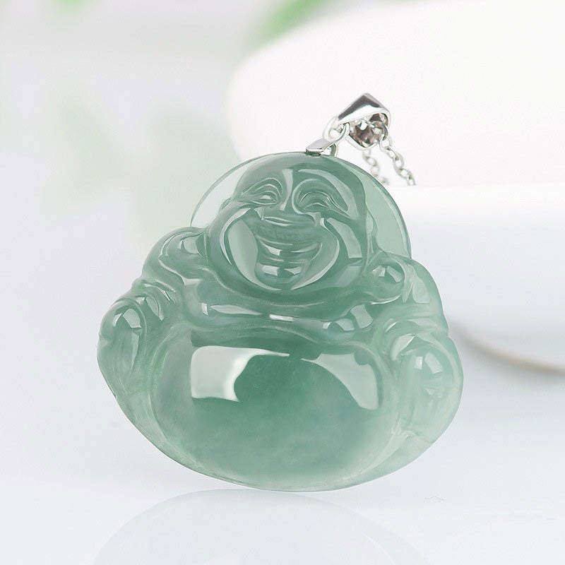 Buddha Stones de plata de ley 925 con colgante de cadena y collar de protección de jade de Buda sonriente - image 2