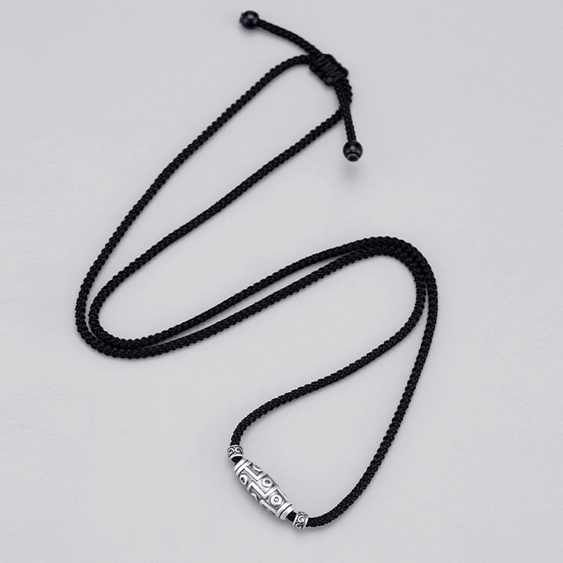Collar con colgante de cuerda de protección con diseño de cuentas Dzi de nueve ojos de plata de ley 999 con Buddha Stones