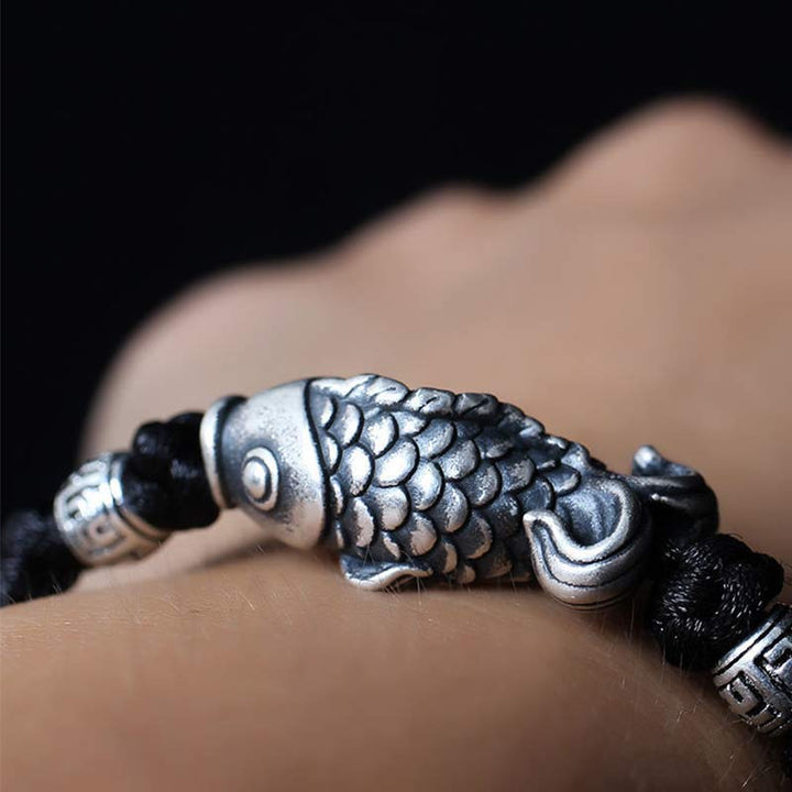 Pulsera de hilo trenzado con pez Koi de la suerte de plata con Buddha Stones