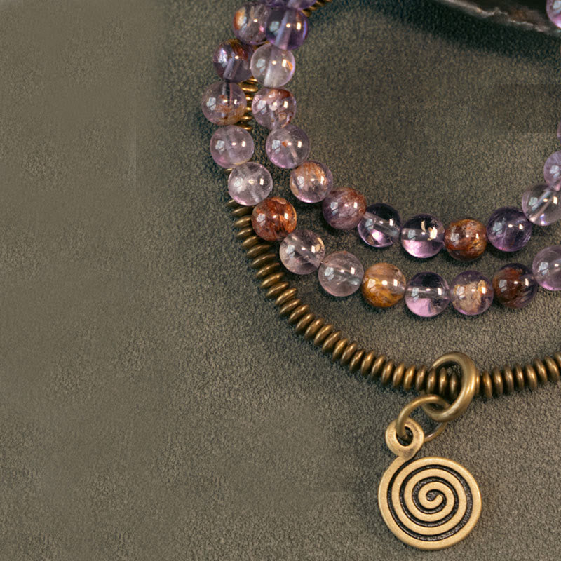 Buddha Stones Púrpura Fantasma Rojo Cuarzo Hematoide Verde Cuarzo Rutilado Cobre Amor Perdón Pulsera