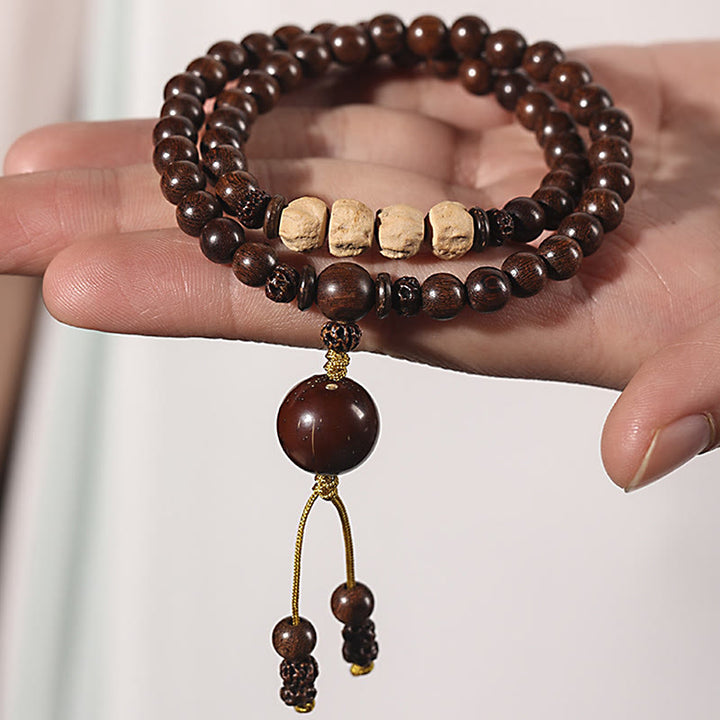 Pulsera de doble envoltura con Buddha Stones , sándalo, hoja pequeña, sándalo rojo, purificación de semillas Bodhi