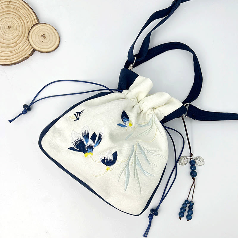 Bolso bandolera con Buddha Stones, bordado, mariposa, loto, magnolia, algodón y lino