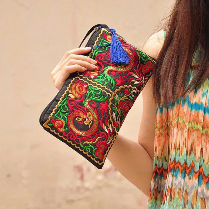 Cartera de compras con bordado de flores de Buddha Stones, dragón, mariposa, cosmos