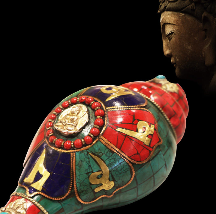 Concha tibetana hecha a mano Shankha Om Mani Padme Hum Buda, decoración de la suerte