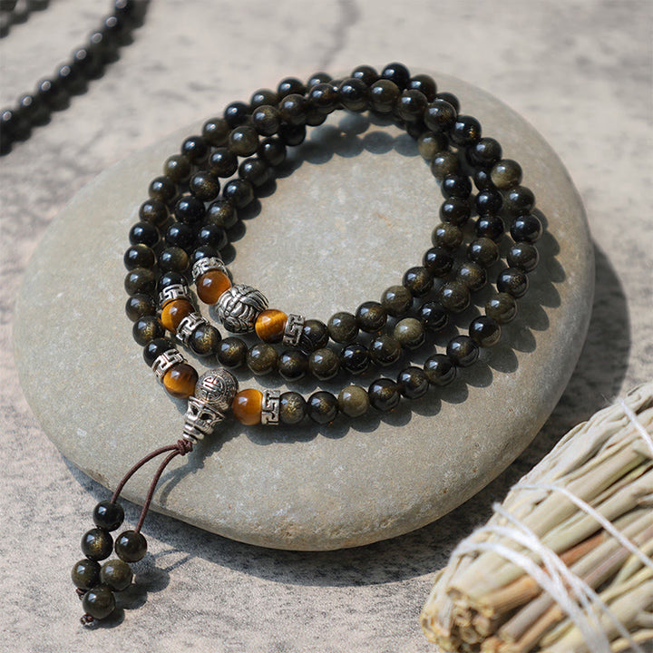 Collar Pulsera Energía Obsidiana Dorada
