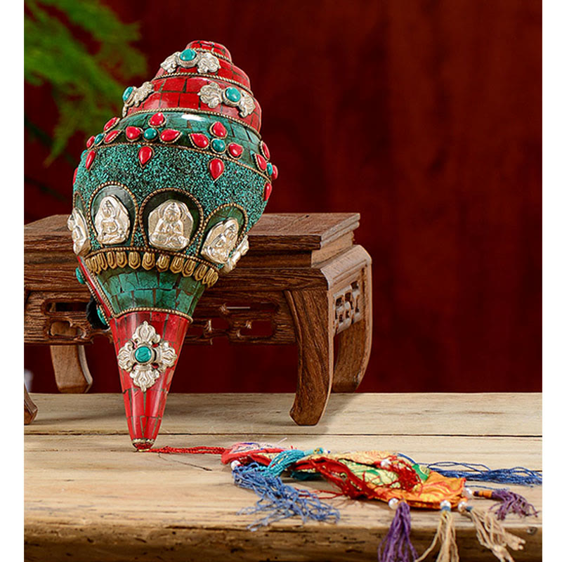 Tibetano hecho a mano Shankha Om Mani Padme Hum Buda Avalokitesvara turquesa Concha decoración positiva
