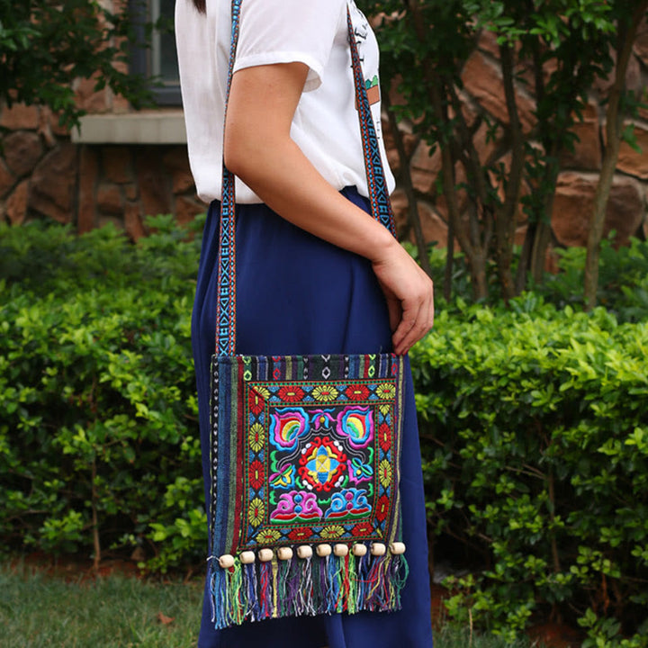Bolso bandolera de lona de camelia bordado hecho a mano tibetano