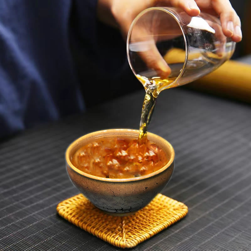 Taza de té de cerámica Jianzhan chino con diseño de manchas doradas y piedras de Buddha Stones , tazón de taza de té de Kung Fu con caja de regalo