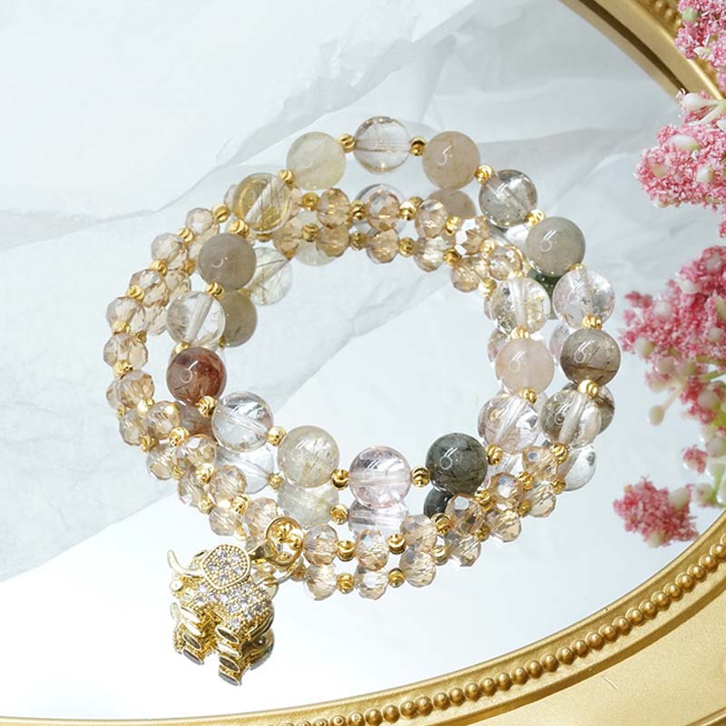 Pulsera con dijes de energía curativa de elefante de cuarzo rosa con Buddha Stones