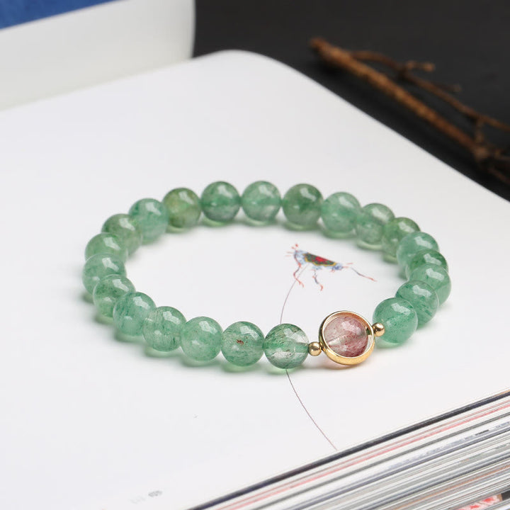 Pulsera de cuentas relajantes de cuarzo fresa verde natural con Buddha Stones