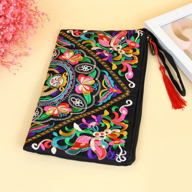 Cartera de compras con bordado de flores de Buddha Stones, dragón, mariposa, cosmos