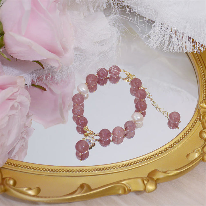 Pulsera de amor con trébol de cuatro hojas y perlas de cuarzo fresa natural con Buddha Stones