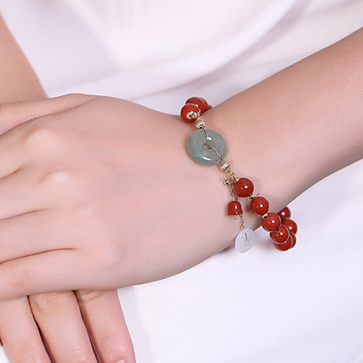 Pulsera de confianza con forma de calabaza y monedas de cobre con hebilla de paz y ágata roja de jade rellena de oro de 14 quilates con Buddha Stones