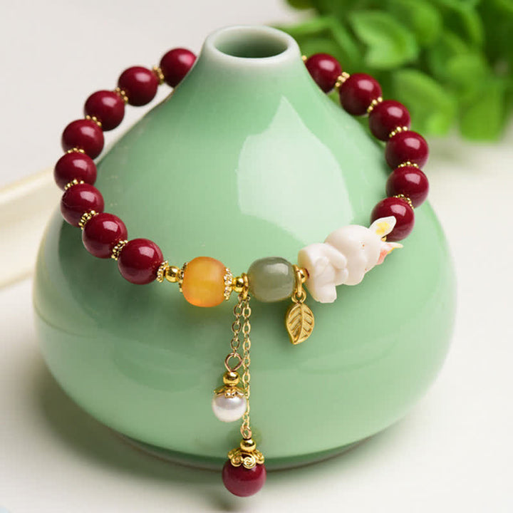 Año del Conejo Cinabrio Hetian Jade Bunny Pulsera de bendición con cuentas