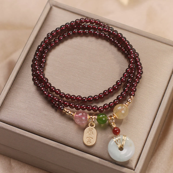 Pulsera de triple envoltura con Buddha Stones, granate Natural, fresa, cristal de cuarzo, zorro, pez Koi, hebilla de la paz, protección de la fortuna