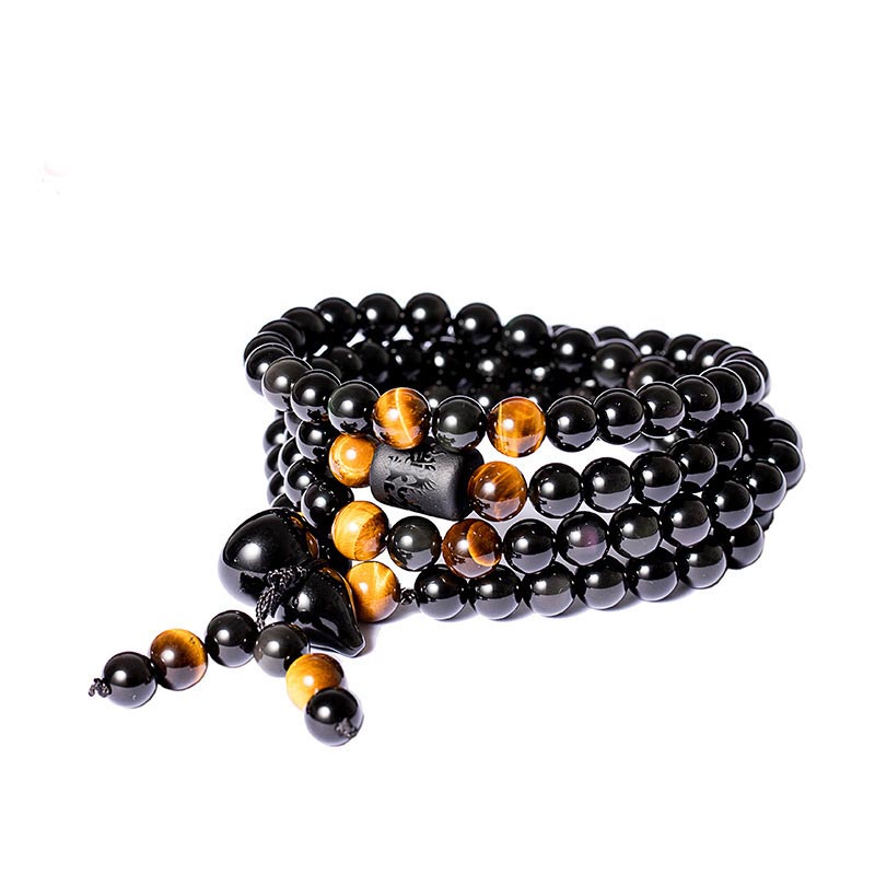 Pulsera de bendición de calabaza de obsidiana arcoíris de obsidiana negra natural con Buddha Stones Mala