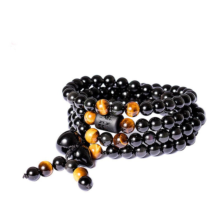 Pulsera de bendición de calabaza de obsidiana arcoíris de obsidiana negra natural con Buddha Stones Mala