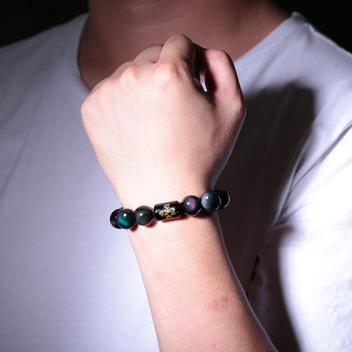 Pulsera de transformación positiva de obsidiana arcoíris natural con Buddha Stones