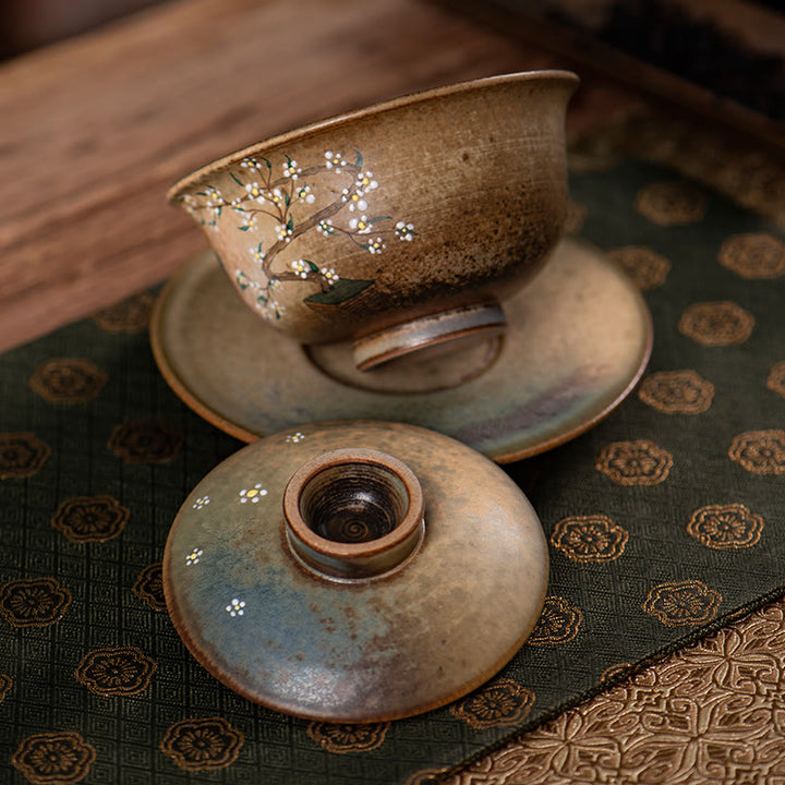 Buddha Stones Jingdezhen Pintado A Mano Ru Horno Porcelana Hanfu Niña Flor Cerámica Gaiwan Sancai Taza De Té Kung Fu Taza De Té Y Platillo Con Tapa
