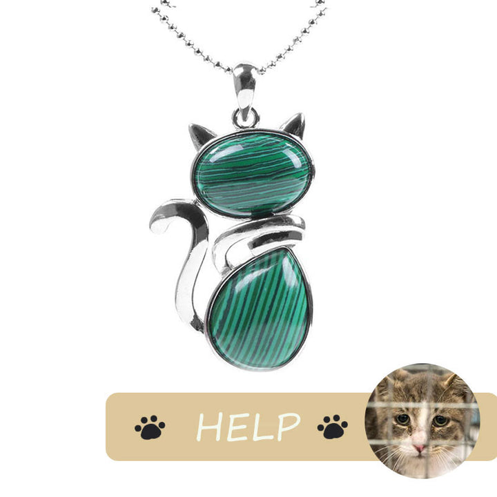&quot;Save A Cat&quot; Lindo patrón de gato Protección de cristal natural Collar con colgante amante de los gatos